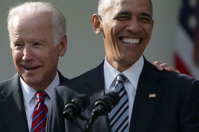 President Obama and Vice President Joe Biden share a laugh during a speech about president-elect Donald Trump.